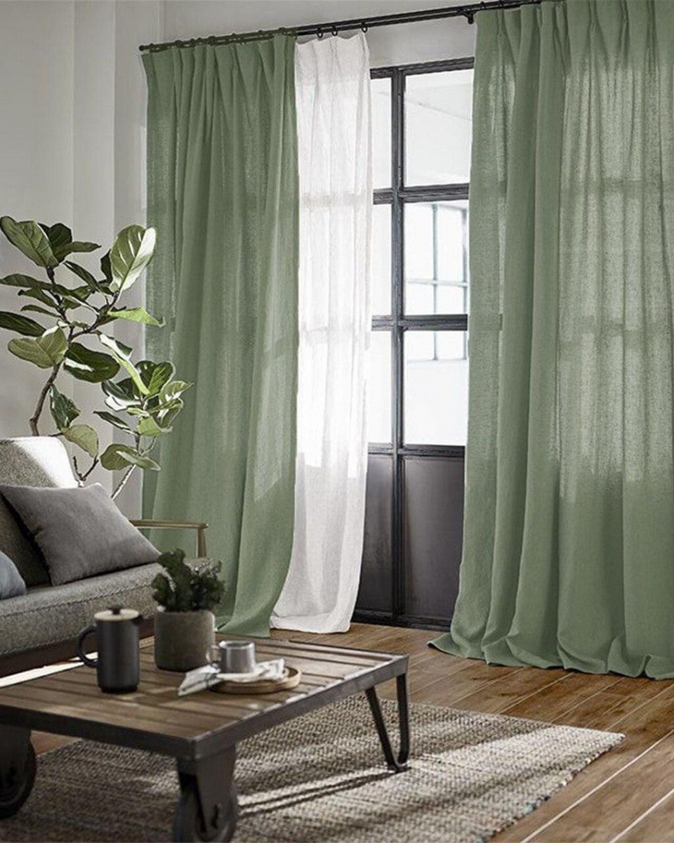Olive linen curtains sheer drapes 1 panel VANLINNEN