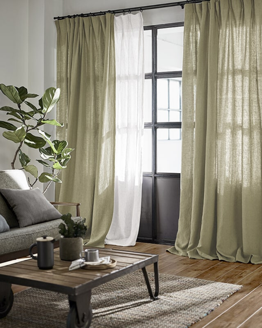 Dry Sage linen curtains, sheer drapes - 1 panel