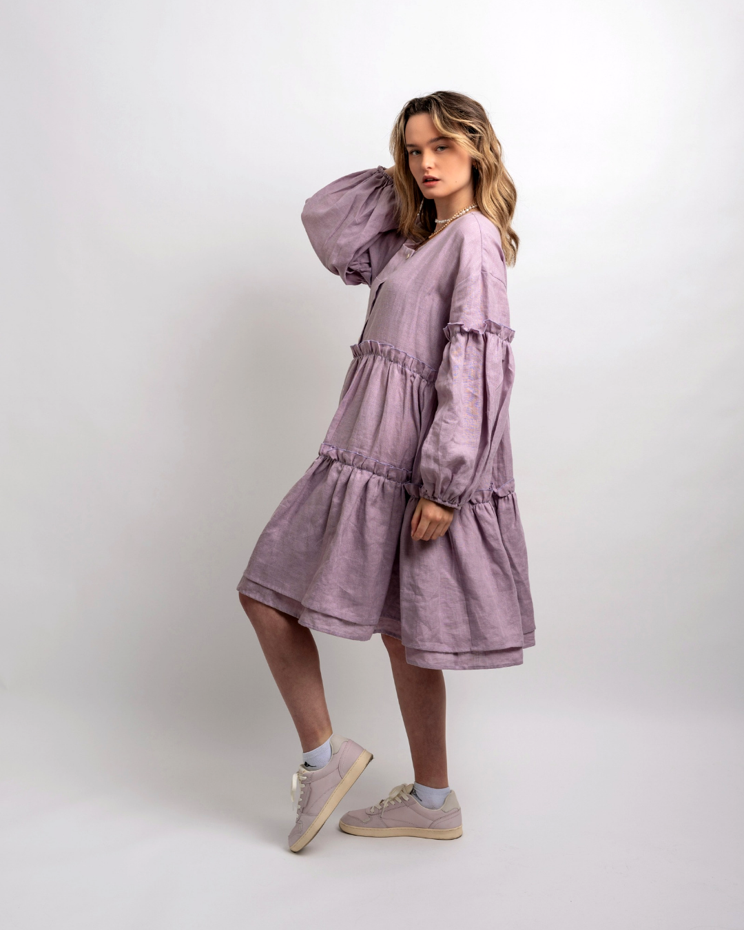 Linen lilac boho dress with ruffles