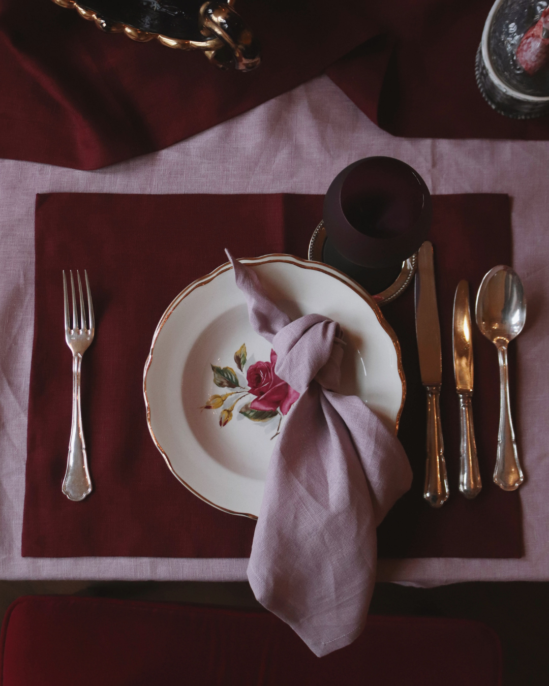 Linen table placemat in burgundy