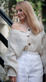 Load image into Gallery viewer, Linen Boho blouse in Flax thin fabric
