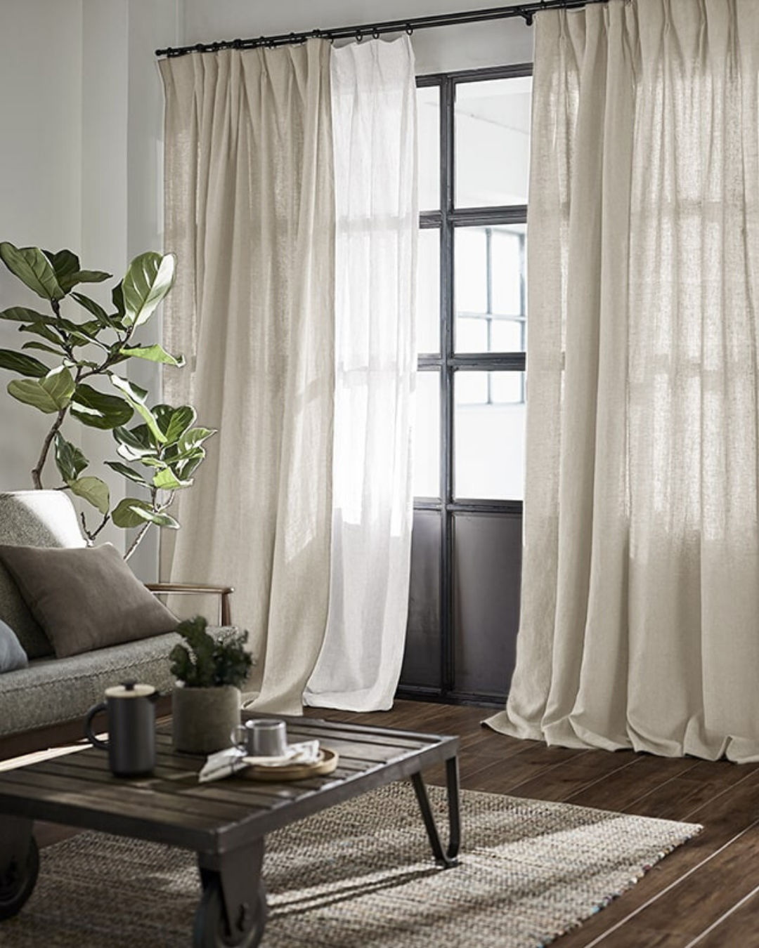 Natural light grey linen with white dots, thick drapes - 1 panel