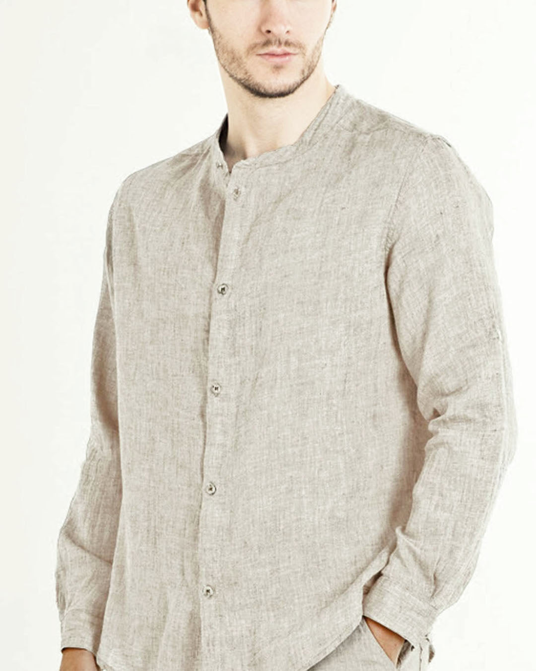 Linen shirt in natural colour with band collar